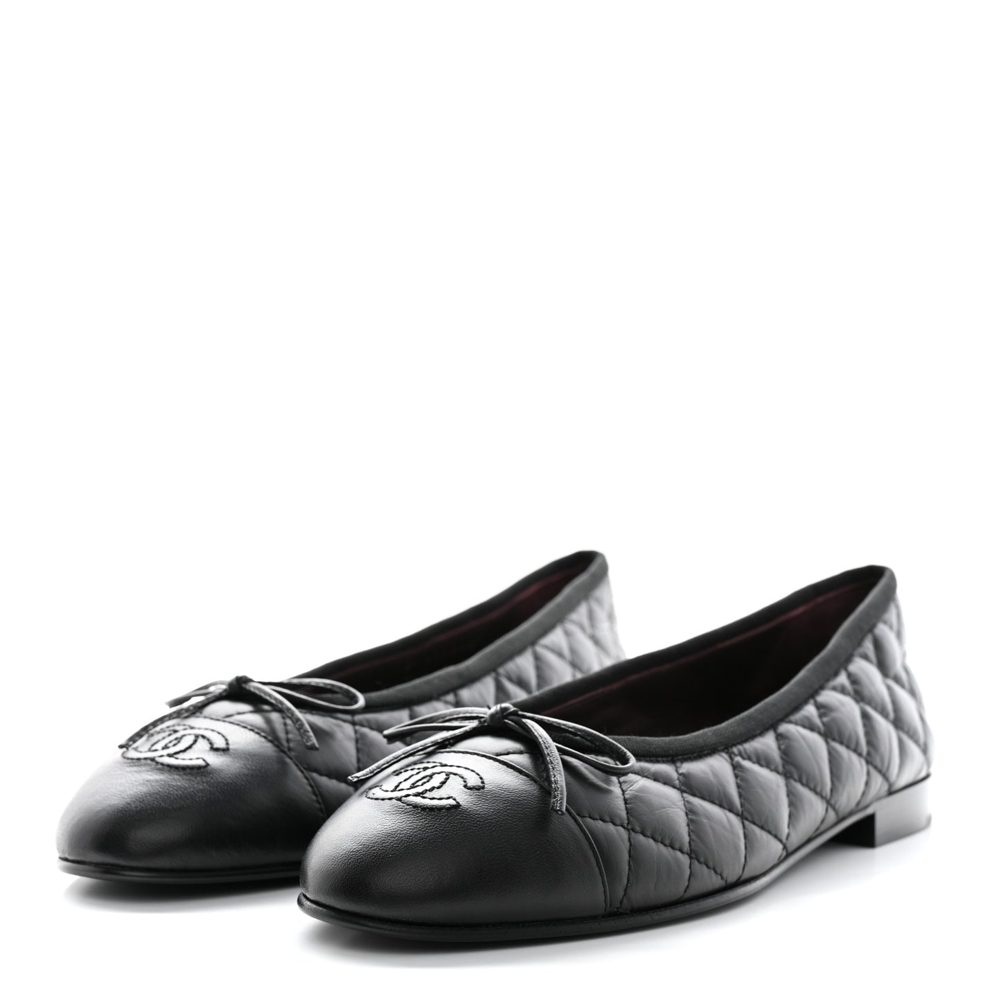 Aged Calfskin Quilted Cap Toe Ballerina Flats 38.5 Black
