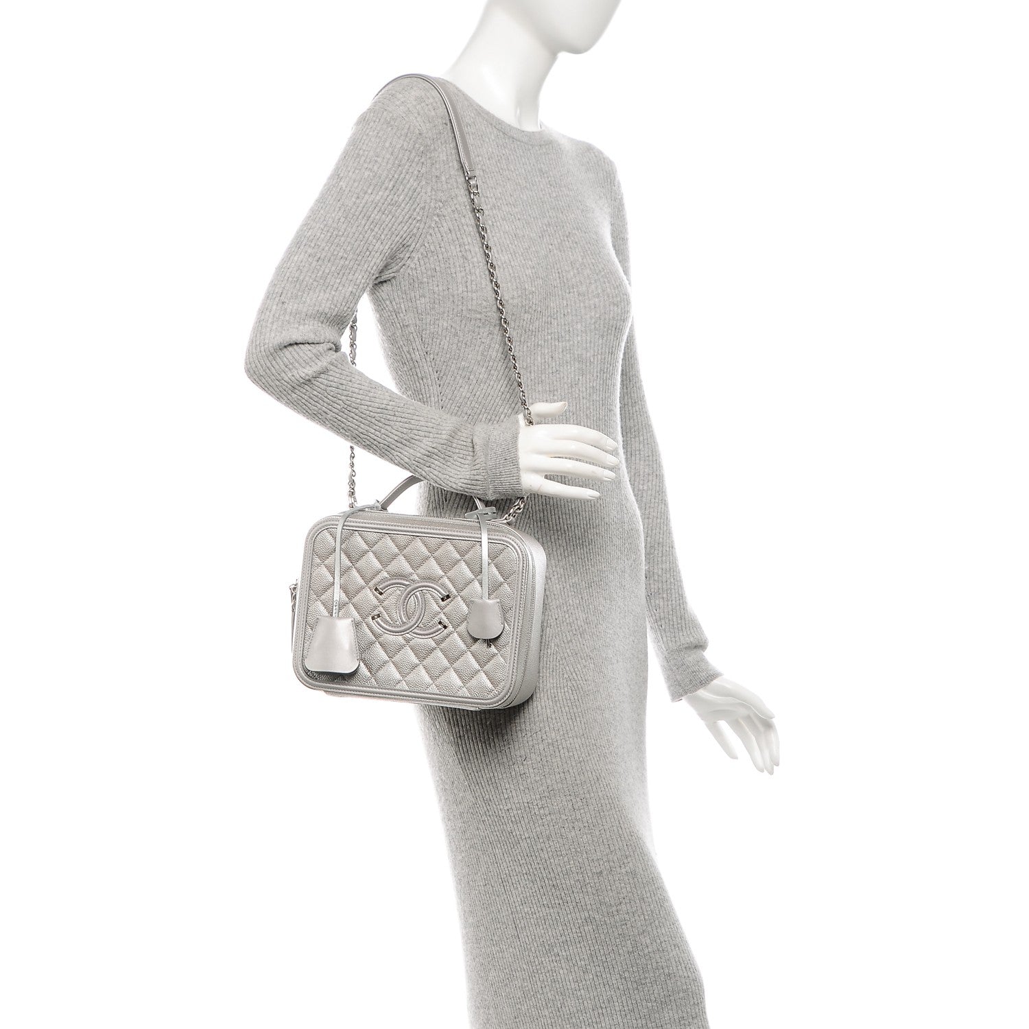 Chanel Metallic Caviar Quilted Large CC Filigree Vanity Case Silver 2 of 9