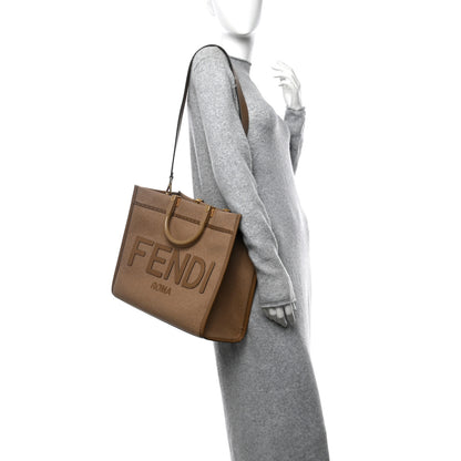 Fendi Flannel Vitello King Wool Plexiglass FF Logo Embroidered Medium Fendi Sunshine Shopper Tote Brown 3 of 10