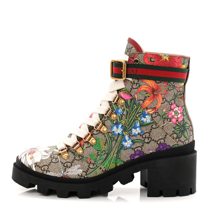 Gucci GG Supreme Monogram Flora Lace Up Combat Ankle Boots 37 Beige Multicolor Red 1 of 10