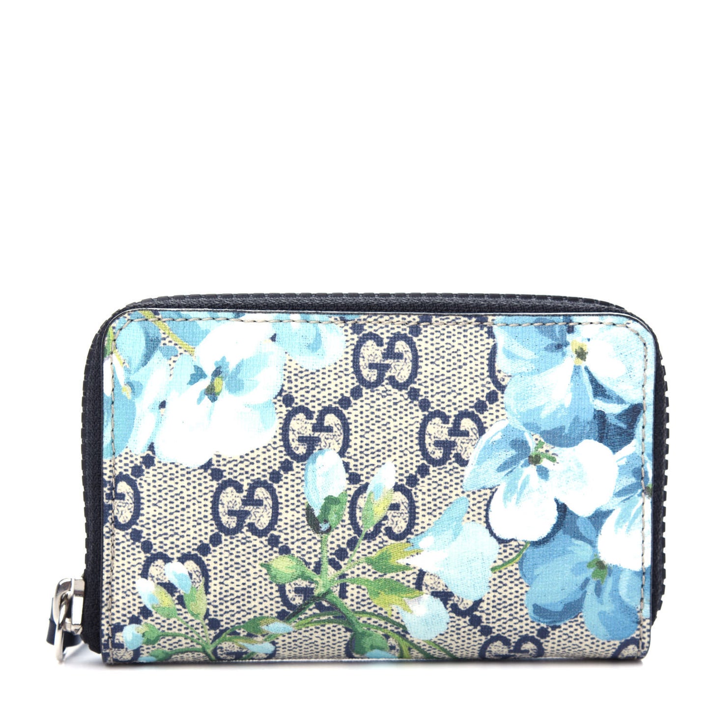 GG Supreme Monogram Blooms Zip Around Card Case Wallet Beige Blue Navy
