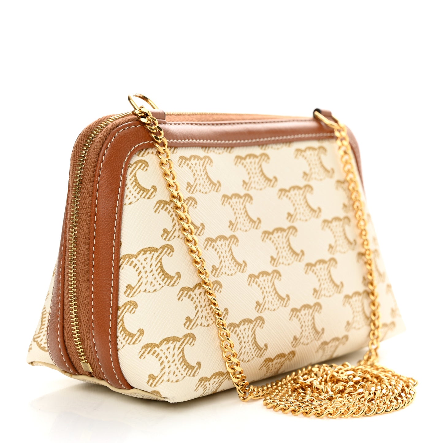 Lambskin Triomphe Canvas Clutch With Chain White Tan