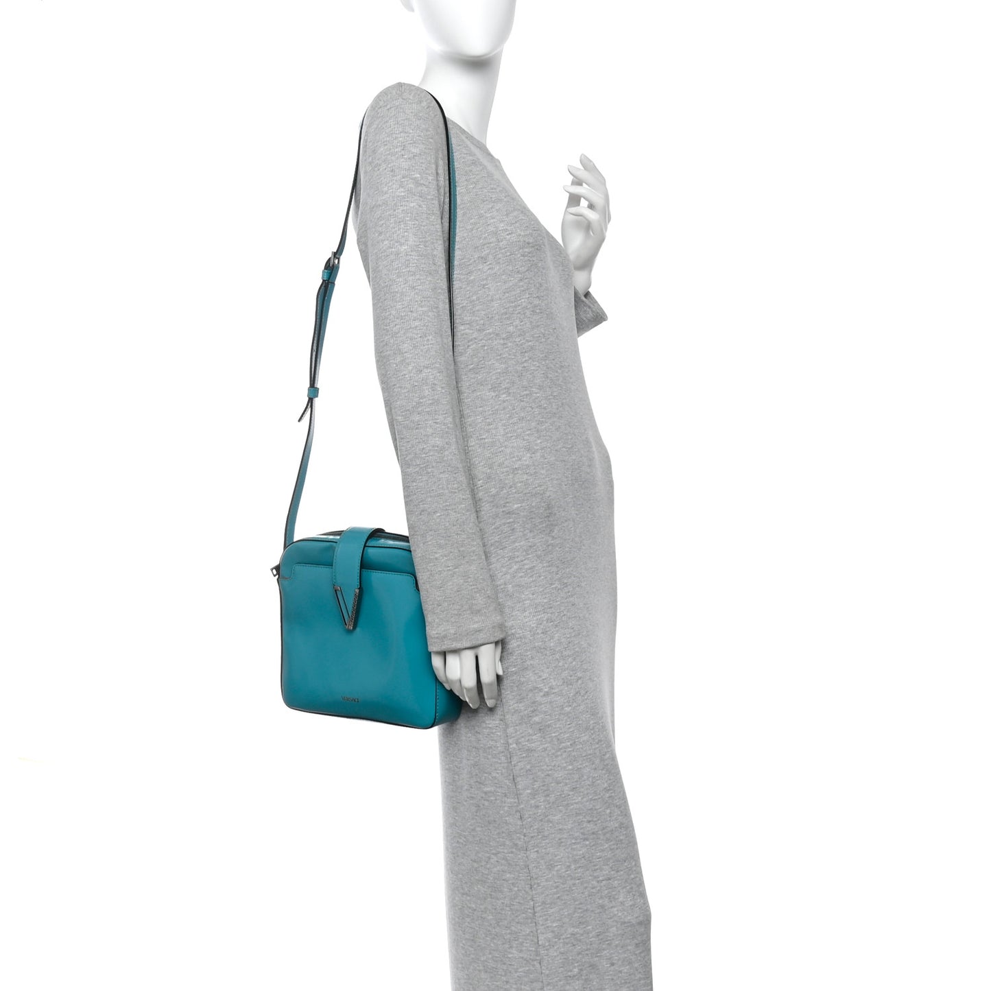 Shiny Calfskin V Greca Messenger Bag Teal