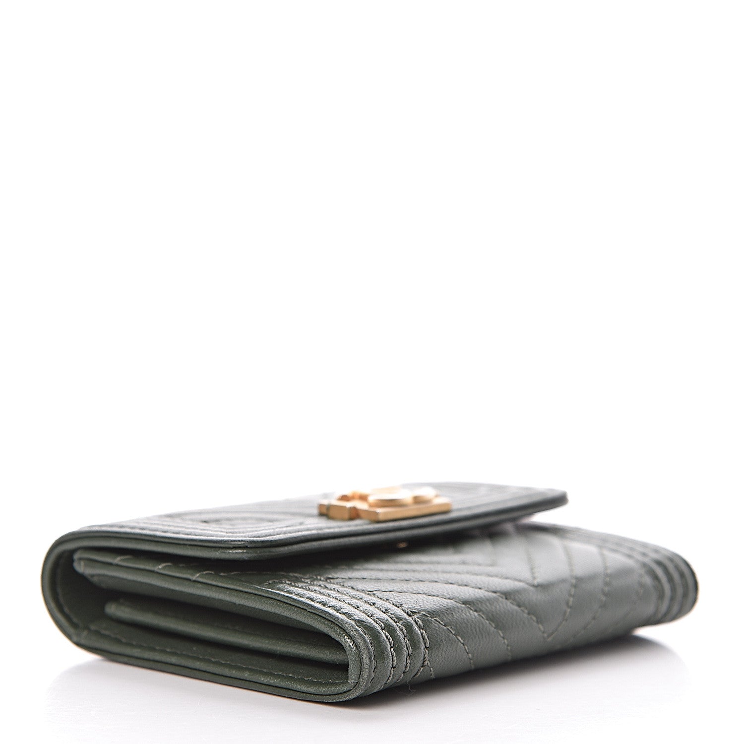 Chanel Lambskin Chevron Quilted Boy Card Holder Wallet Dark Green 4 of 9