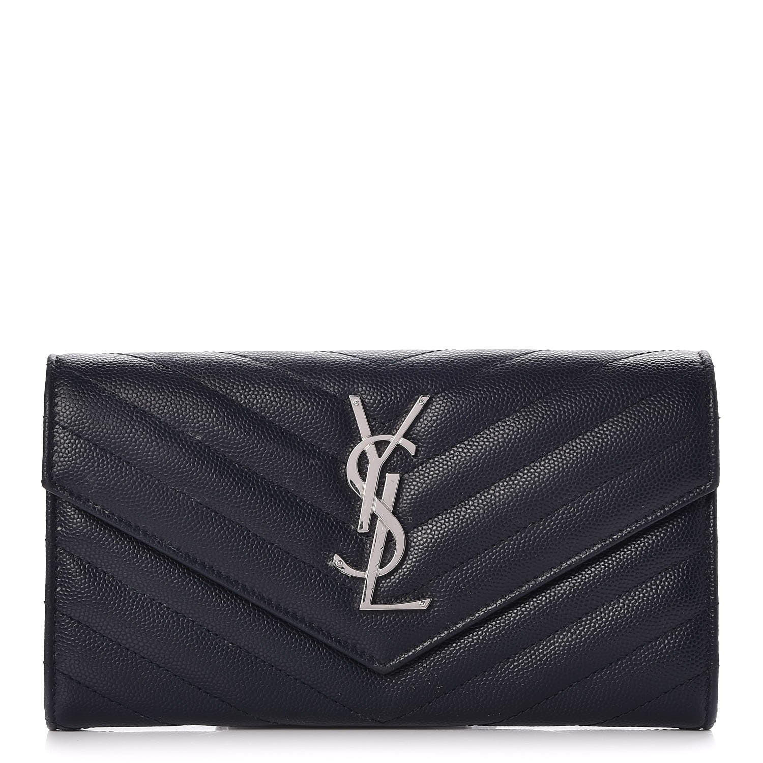 Saint Laurent Grain De Poudre Matelasse Chevron Monogram Flap Wallet Navy 1 of 8