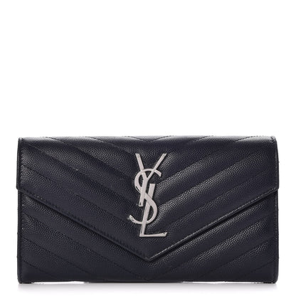 Saint Laurent Grain De Poudre Matelasse Chevron Monogram Flap Wallet Navy 1 of 8