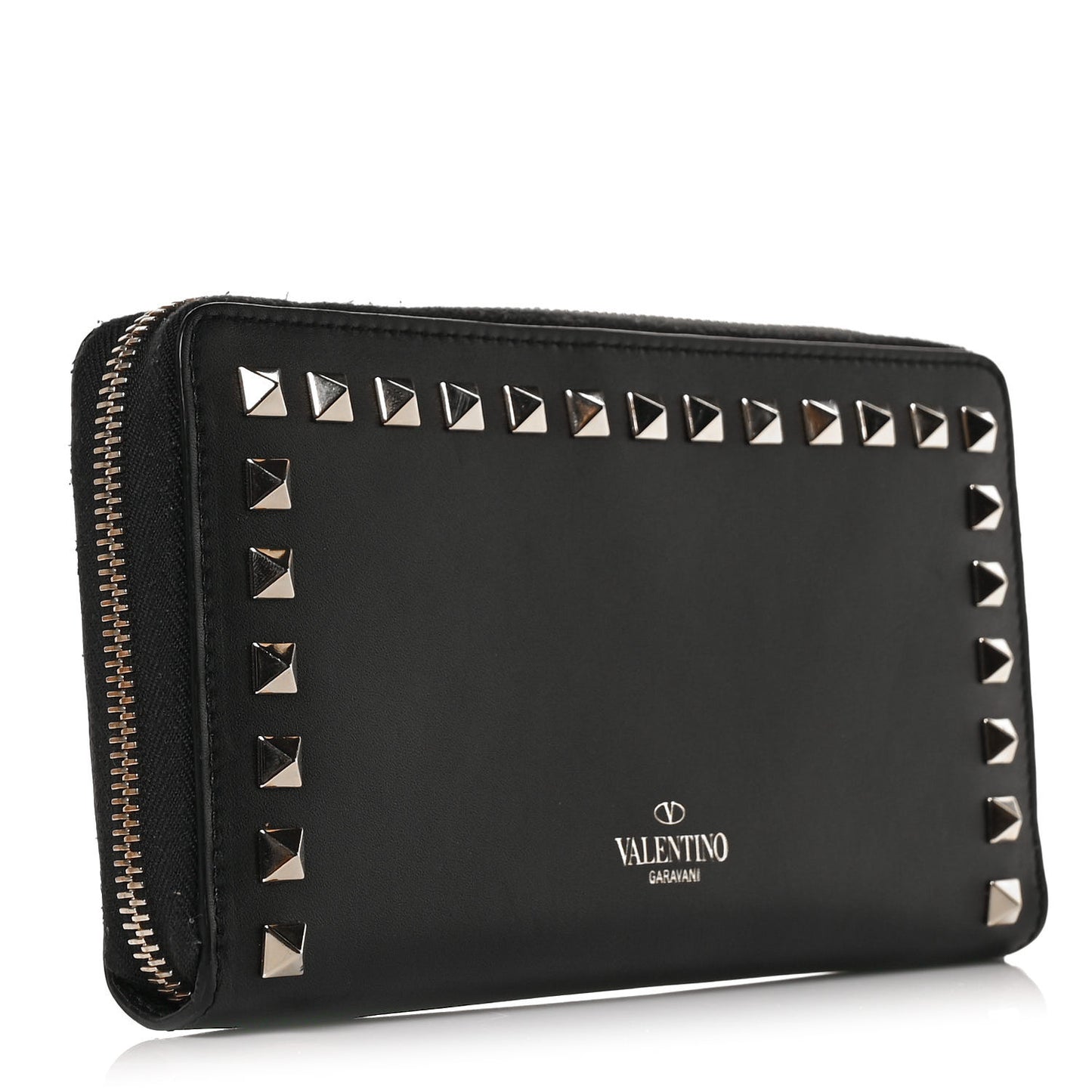 Calfskin Rockstud Zip Around Wallet Black