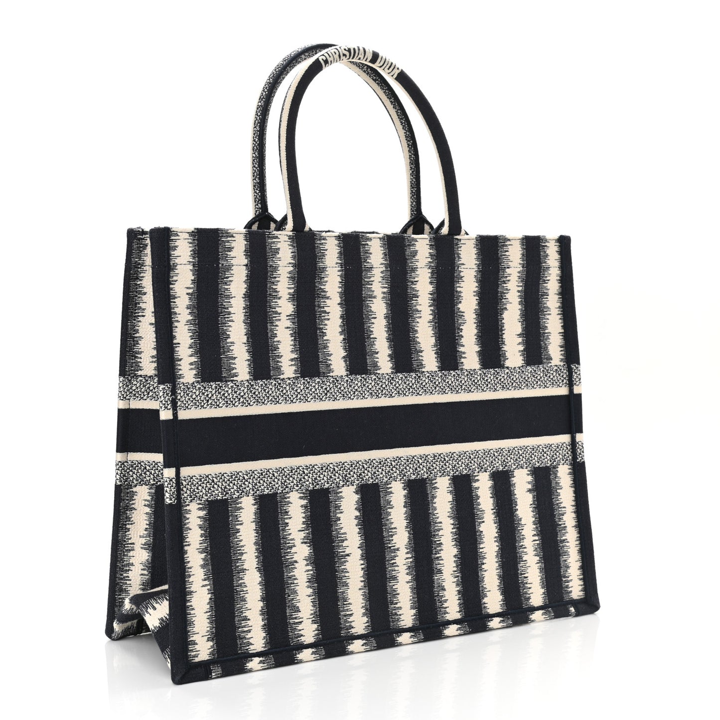 Canvas Embroidered Large Striped Book Tote Navy