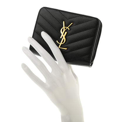 Saint Laurent Grain De Poudre Matelasse Chevron Monogram Compact Zip Around Wallet Black 2 of 8