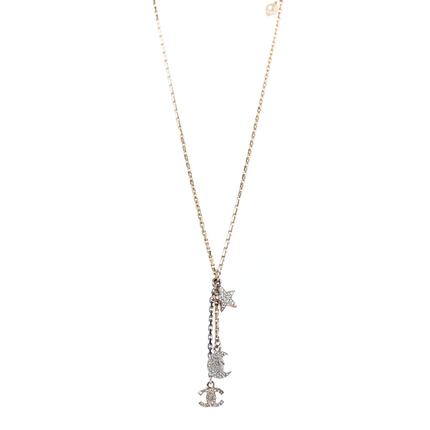 Crystal Pearl CC Moon Star Drop Necklace Gold