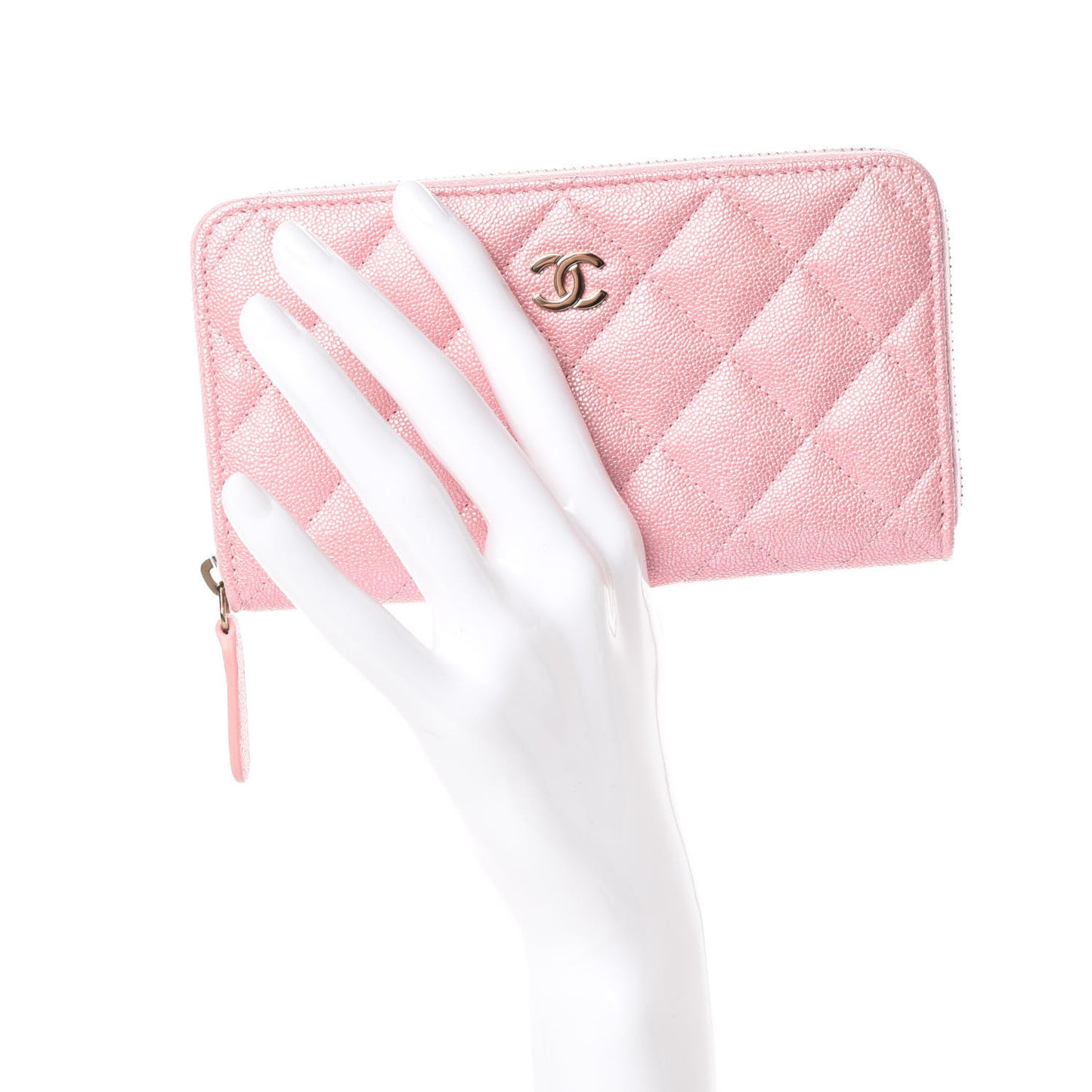 Iridescent Caviar Quilted Medium Zip Around Wallet Pink