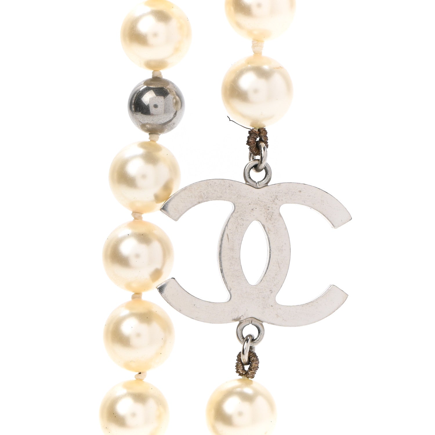 Chanel Pearl CC Long Necklace Silver Pearly White Grey 4 of 7
