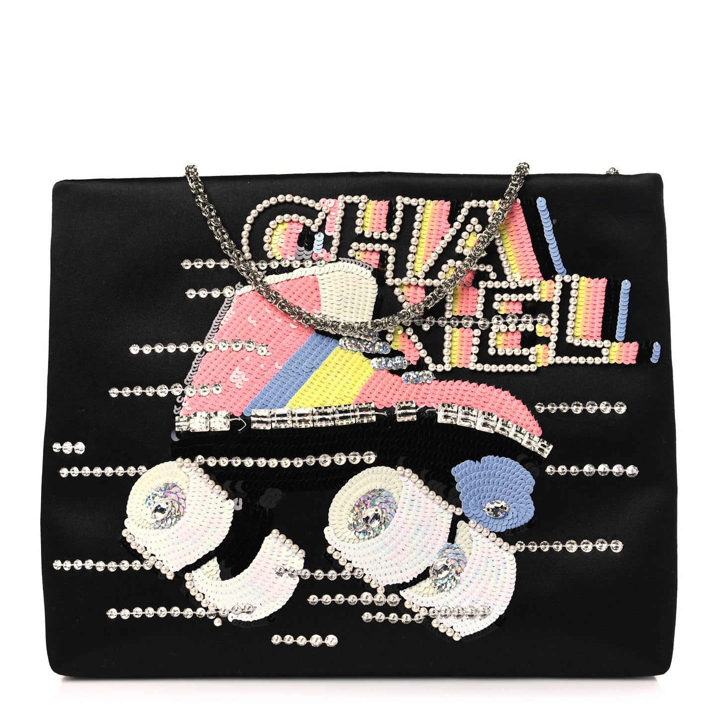 Satin Sequin Pearl Crystal Roller Skate Quilted Clutch With Chain Black Multicolor