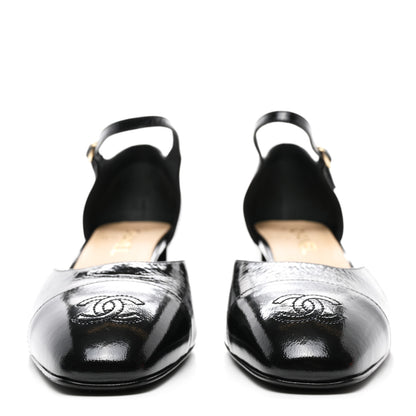 Chanel Glazed Crinkled Calfskin CC Cap Toe Mary Janes Pumps 39.5 Black 2 of 8