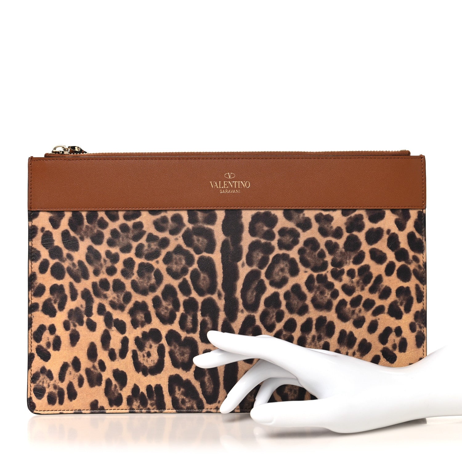 Valentino Garavani Calfskin Leopard Print City Safari Large Pouch Brown 2 of 7
