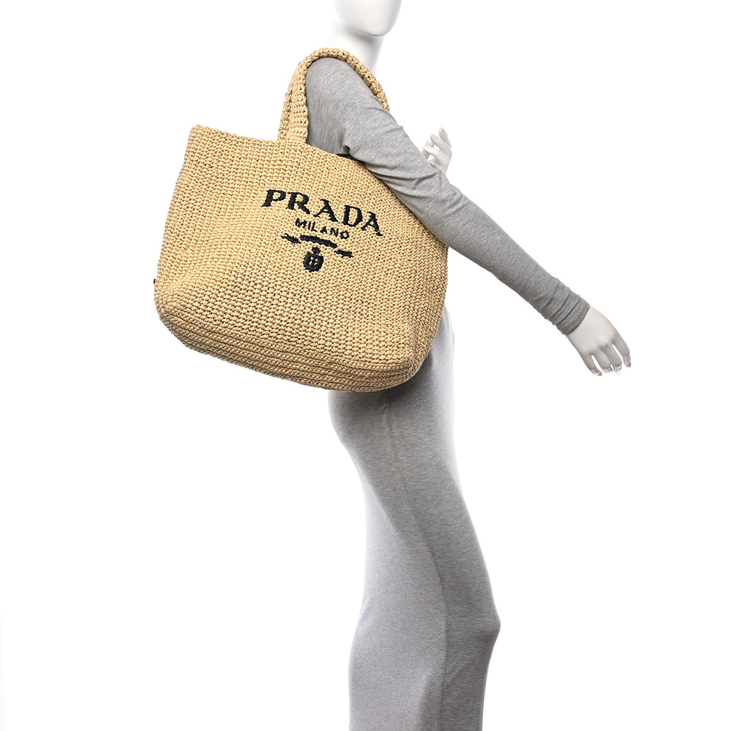 Yarn Raffia Effect Crochet Embroidered Logo Tote Naturale