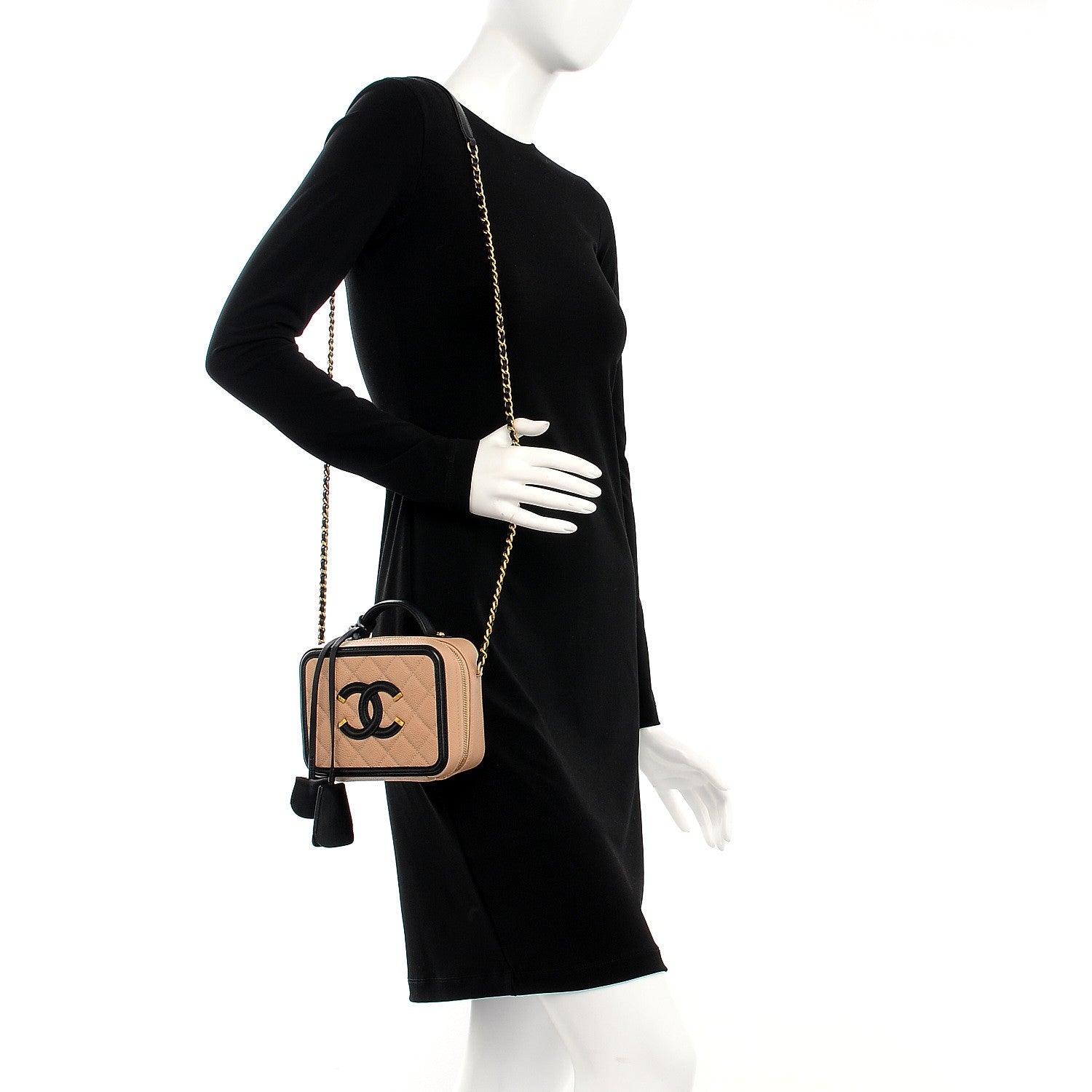 Chanel Caviar Quilted Small CC Filigree Vanity Case Beige Black 2 of 9