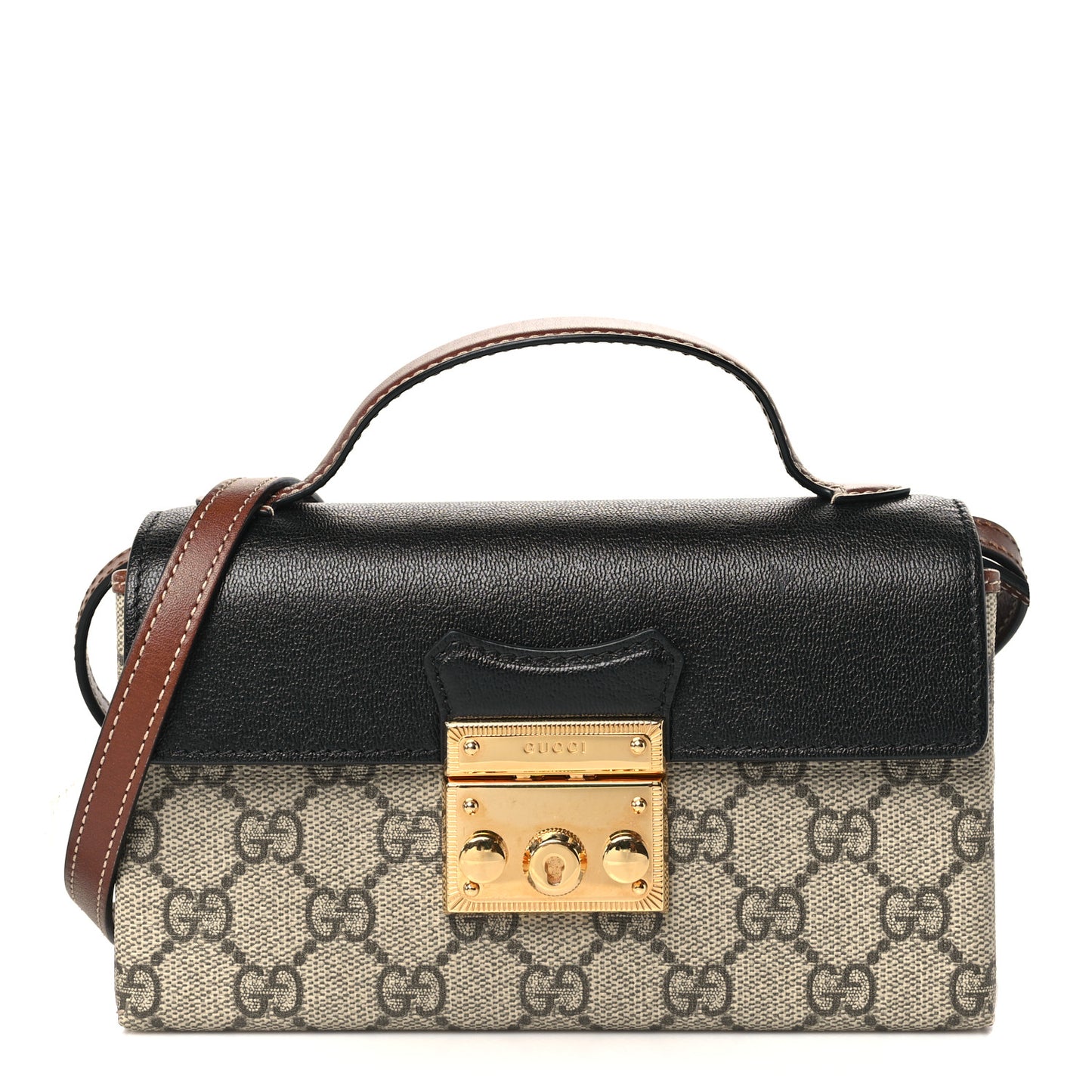 GG Supreme Monogram Calfskin Mini Padlock Top Handle Shoulder Bag Beige Black Cuir