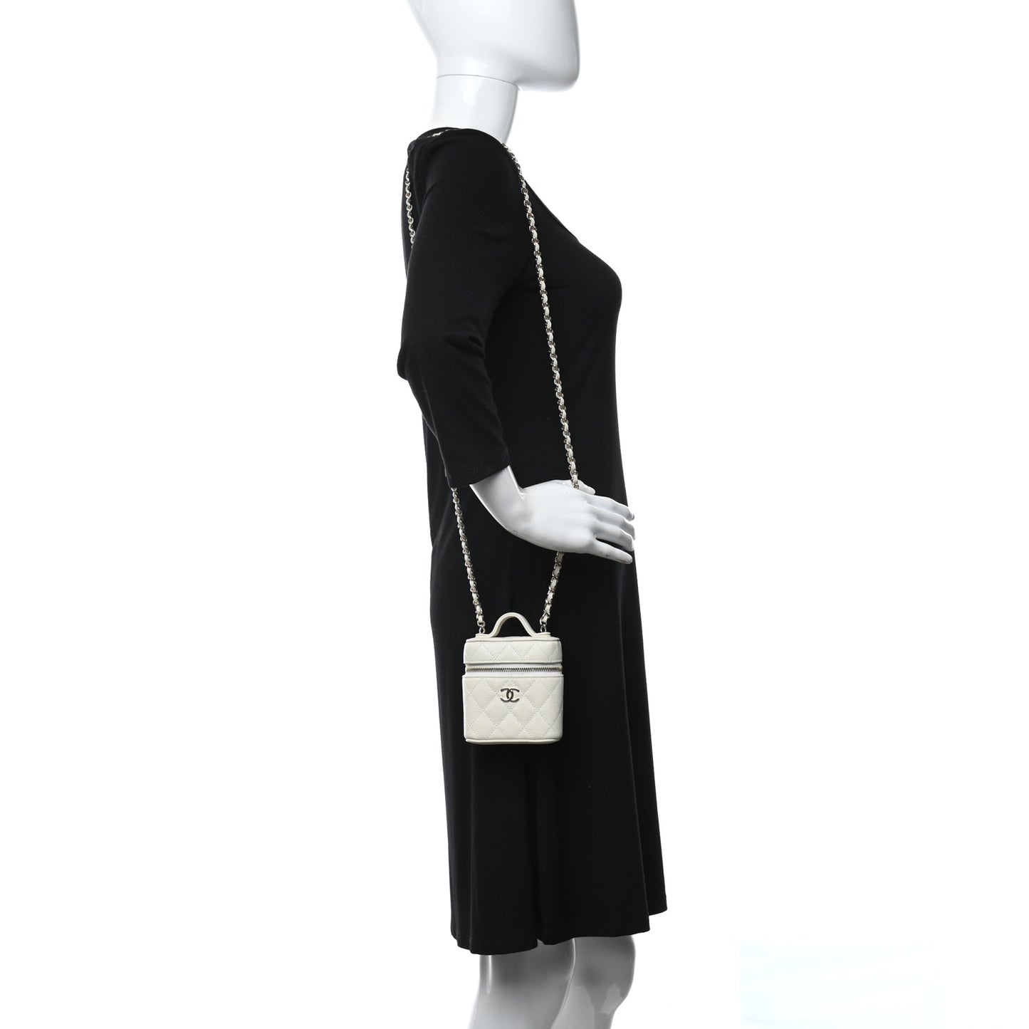Caviar Quilted Small Handle With Care Vanity Case With Chain White