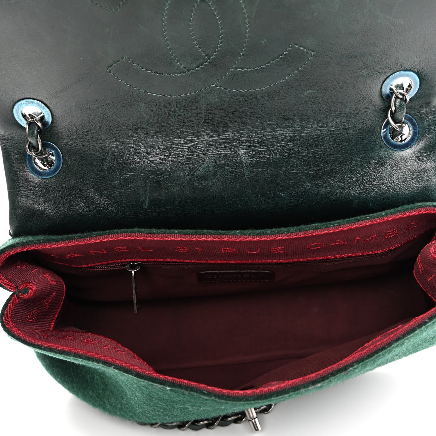 Chanel Felt Glazed Calfskin Quilted Edelweiss Flower Flap Dark Green 5 of 11
