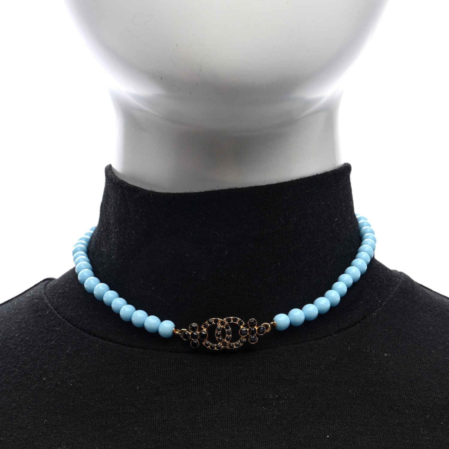 Chanel Crystal Bead CC Choker Necklace Turquoise Gold 2 of 5