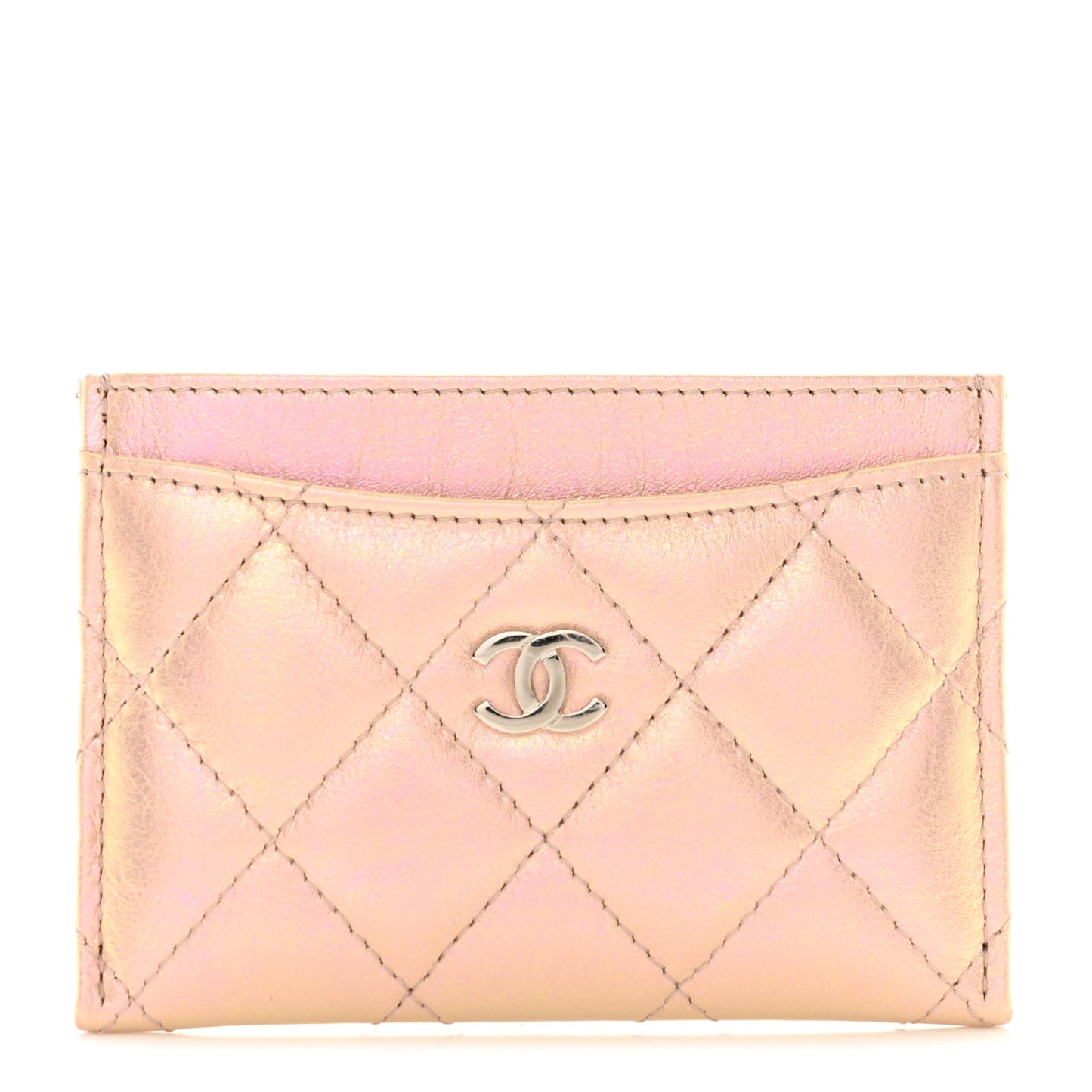 Iridescent Calfskin Quilted Card Holder Pink
