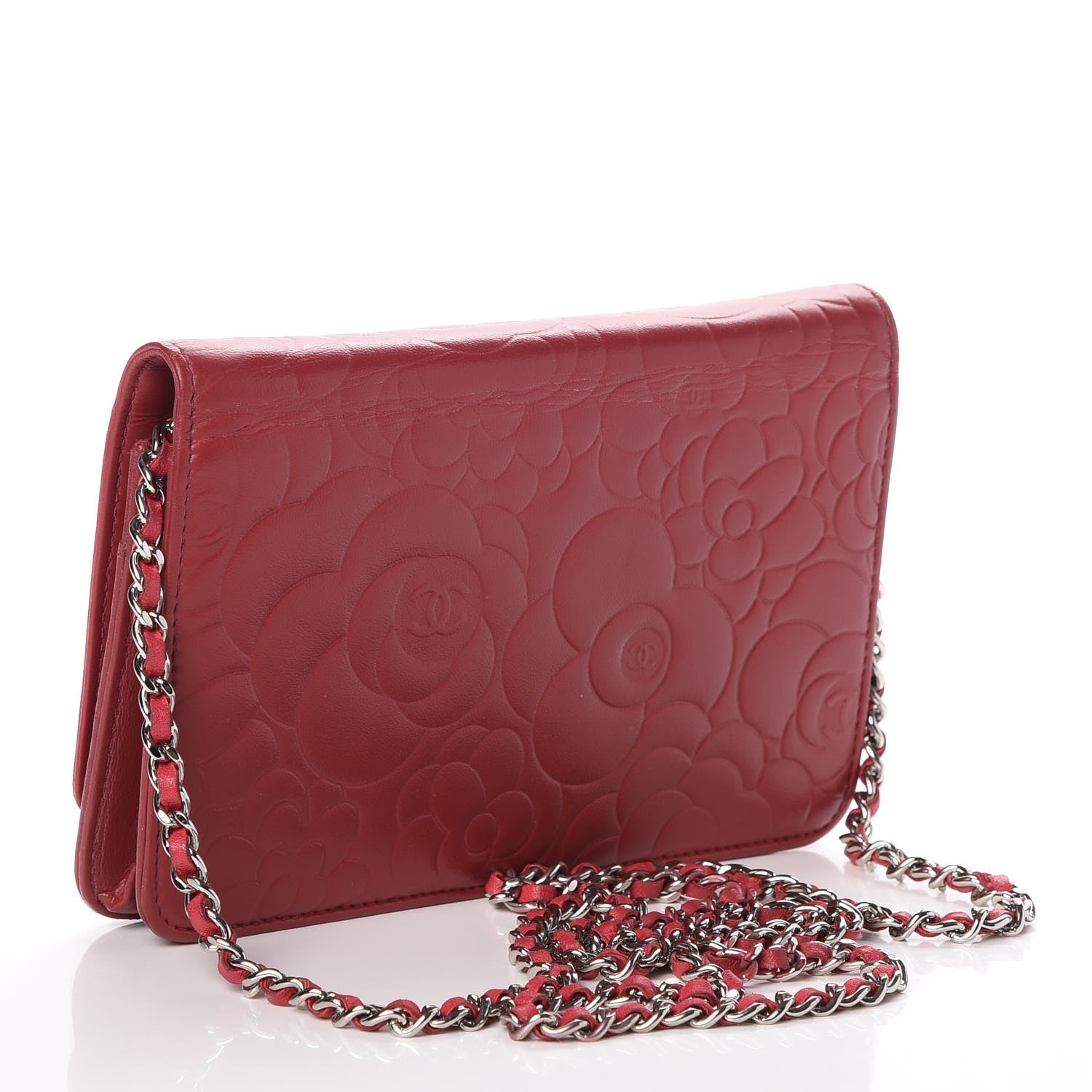 Chanel Lambskin Camellia Embossed Wallet On Chain WOC Red 3 of 14