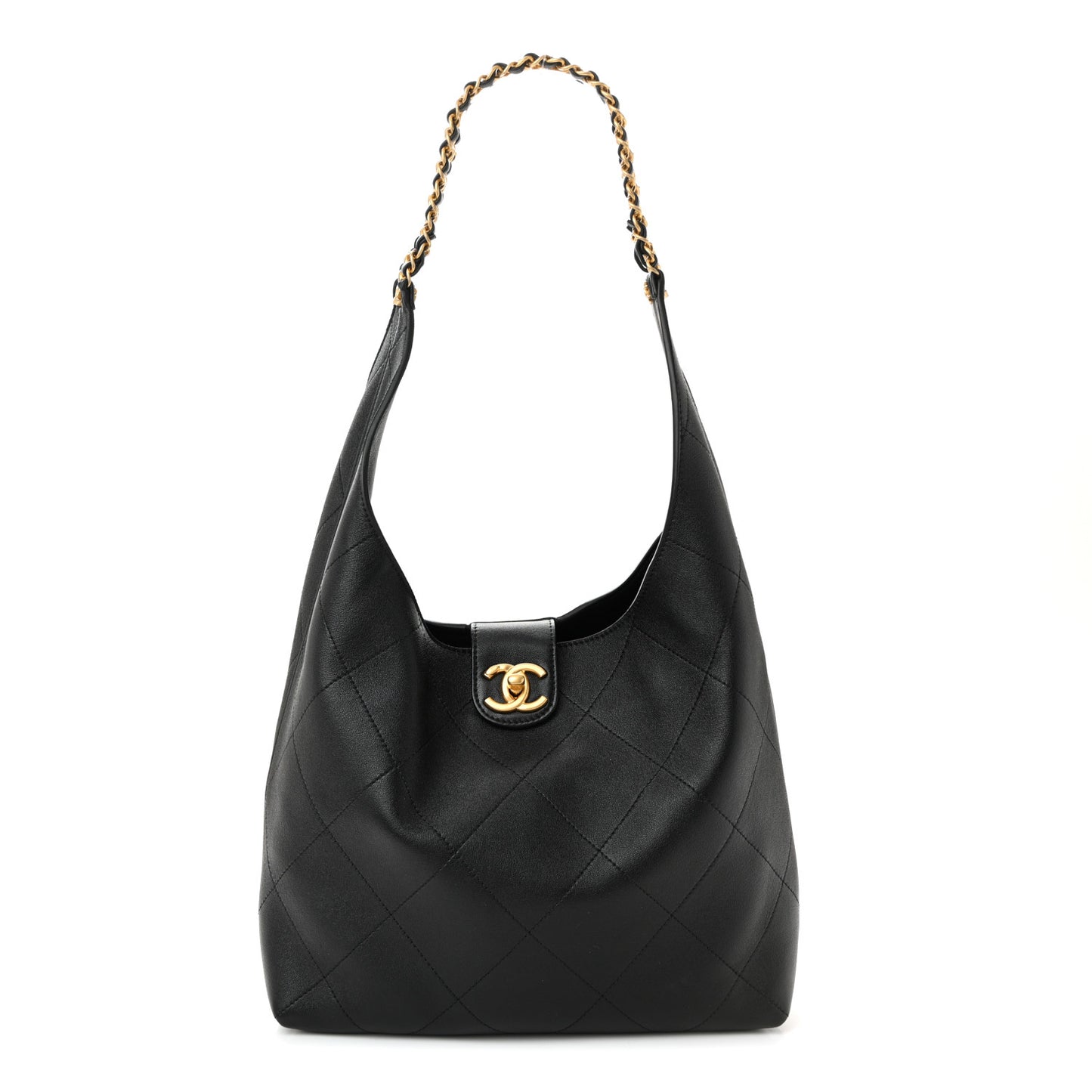 Shiny Lambskin Quilted Medium Hobo Black