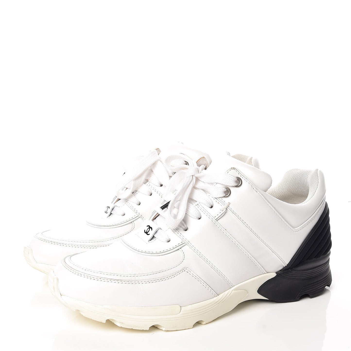 Calfskin Laminated Womens CC Sneakers 38 White Black