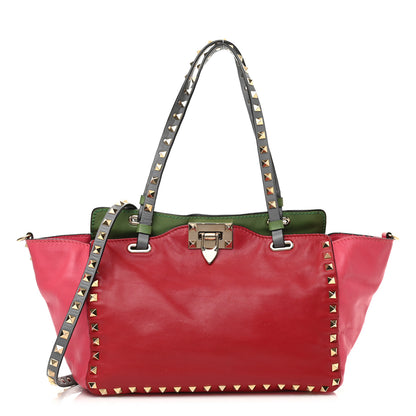 Valentino Garavani Vitello Colorblock Small Rockstud Tote Deep Rose Clover Grey Scarlet 1 of 16