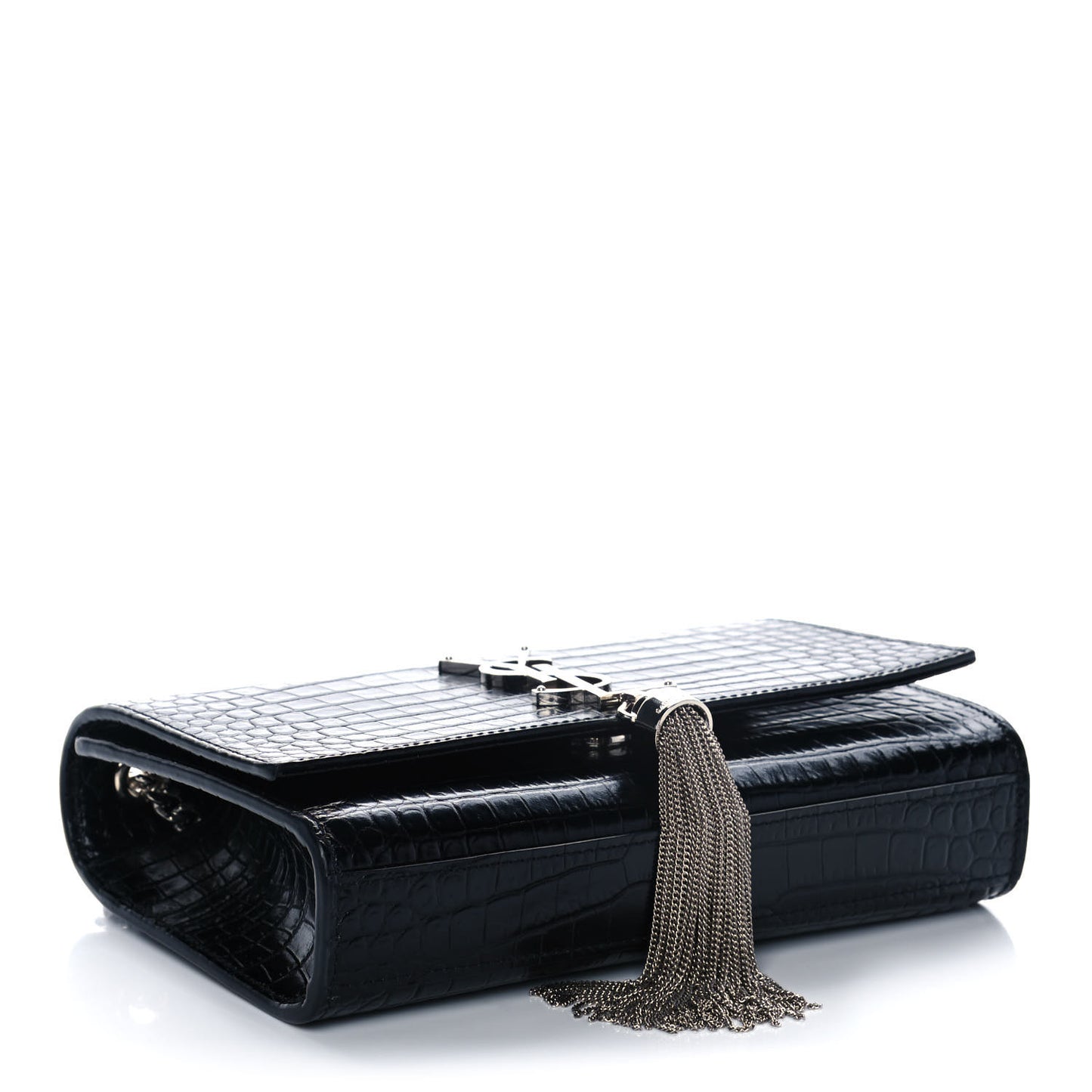 Calfskin Crocodile Embossed Small Classic Monogram Kate Tassel Satchel Black
