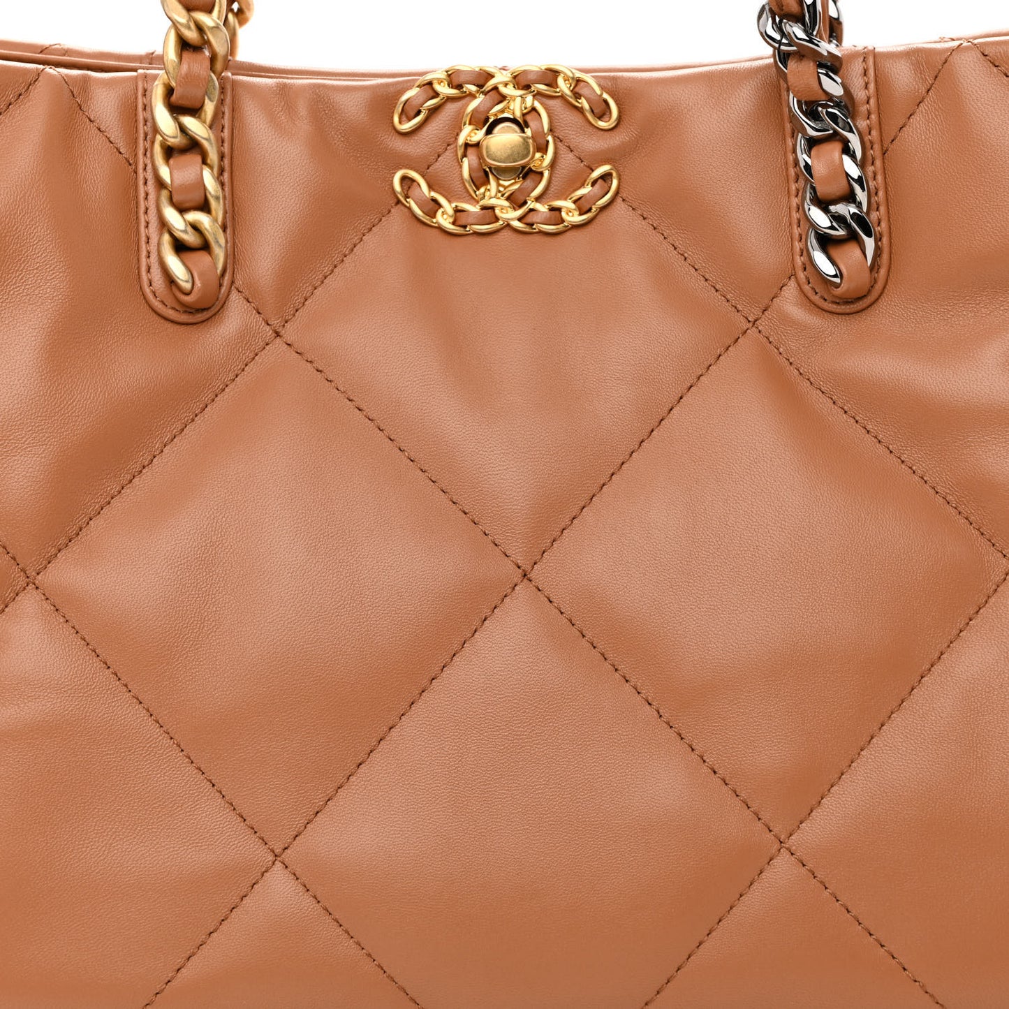 Lambskin Quilted Chanel 19 East West Shopping Bag Brown