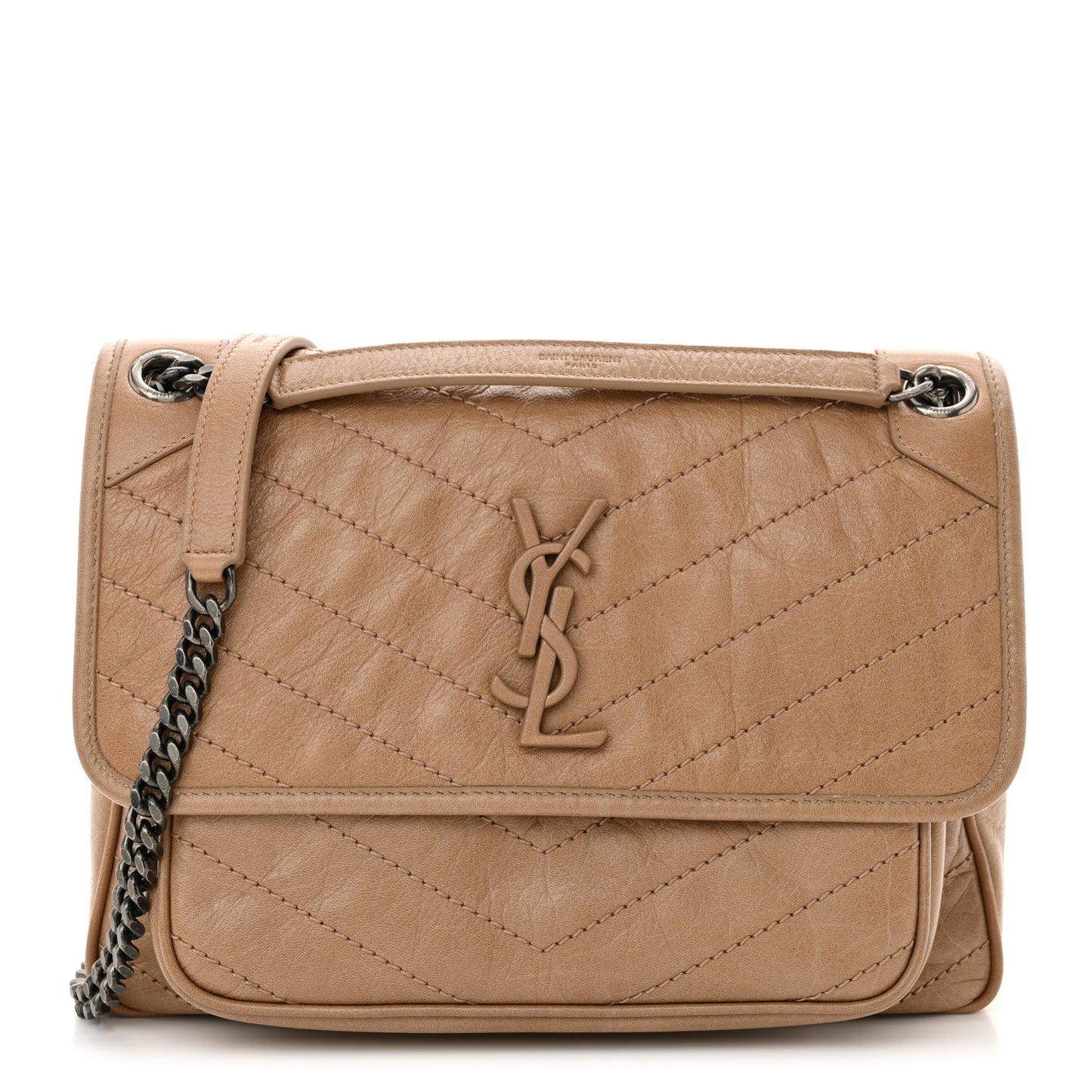 Crinkled Calfskin Matelasse Monogram Medium Niki Chain Satchel Light Taupe