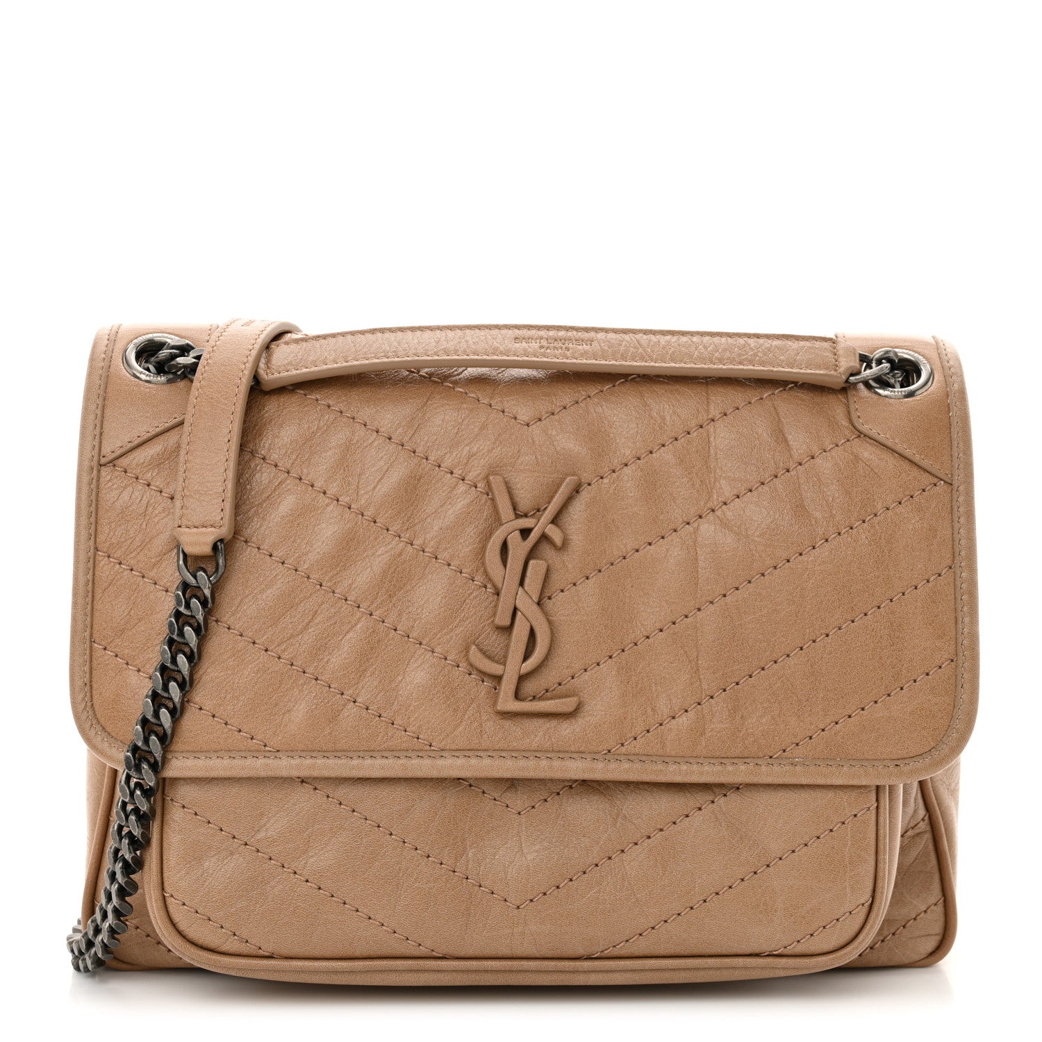 Saint Laurent Crinkled Calfskin Matelasse Monogram Medium Niki Chain Satchel Light Taupe 1 of 11