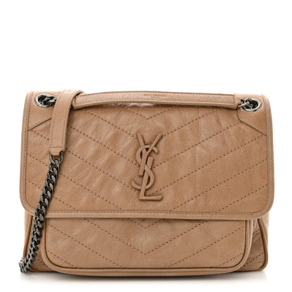 Saint Laurent Crinkled Calfskin Matelasse Monogram Medium Niki Chain Satchel Light Taupe 1 of 11