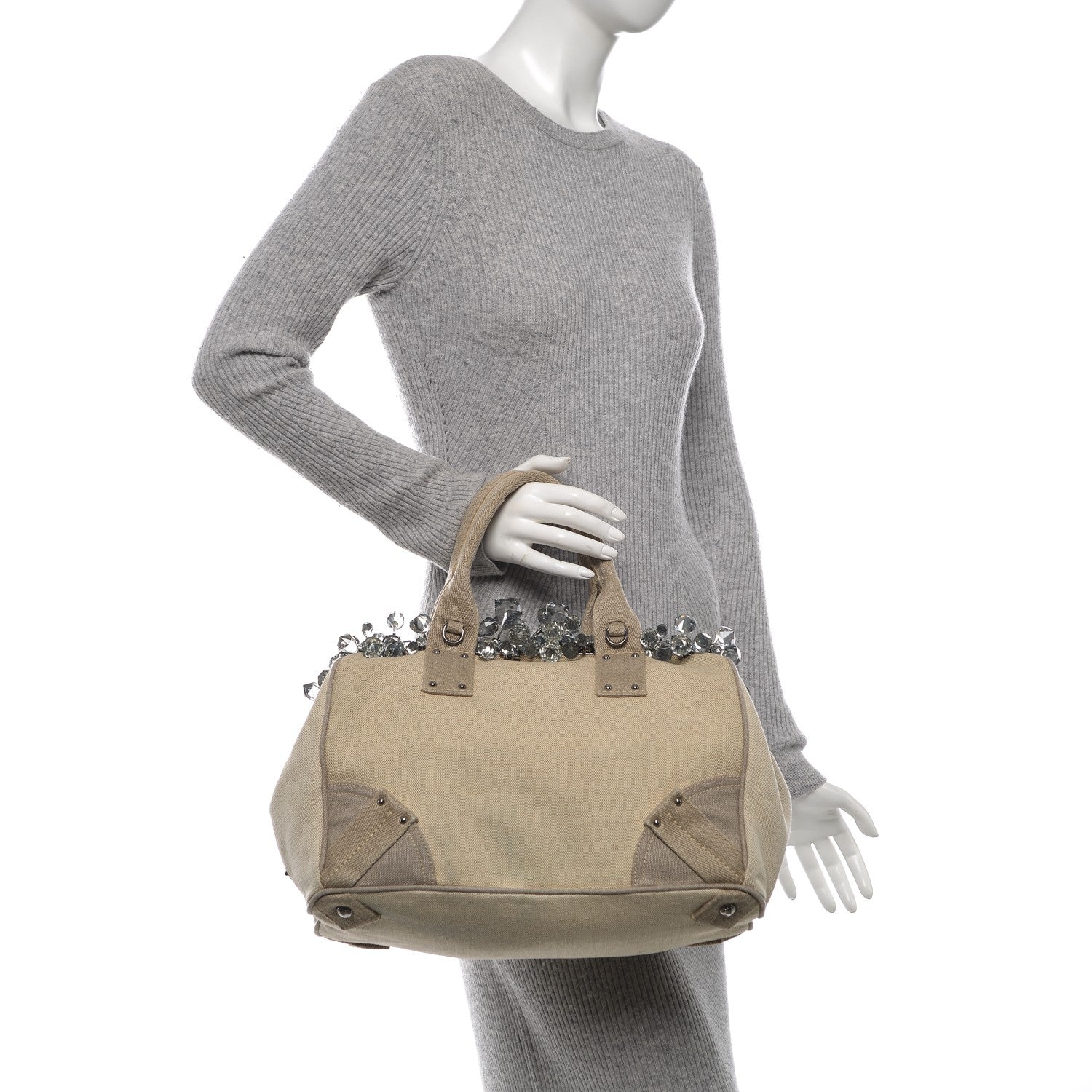 Prada Canvas Mistolino Medium Crystal Cluster Frame Bag Naturale 2 of 11