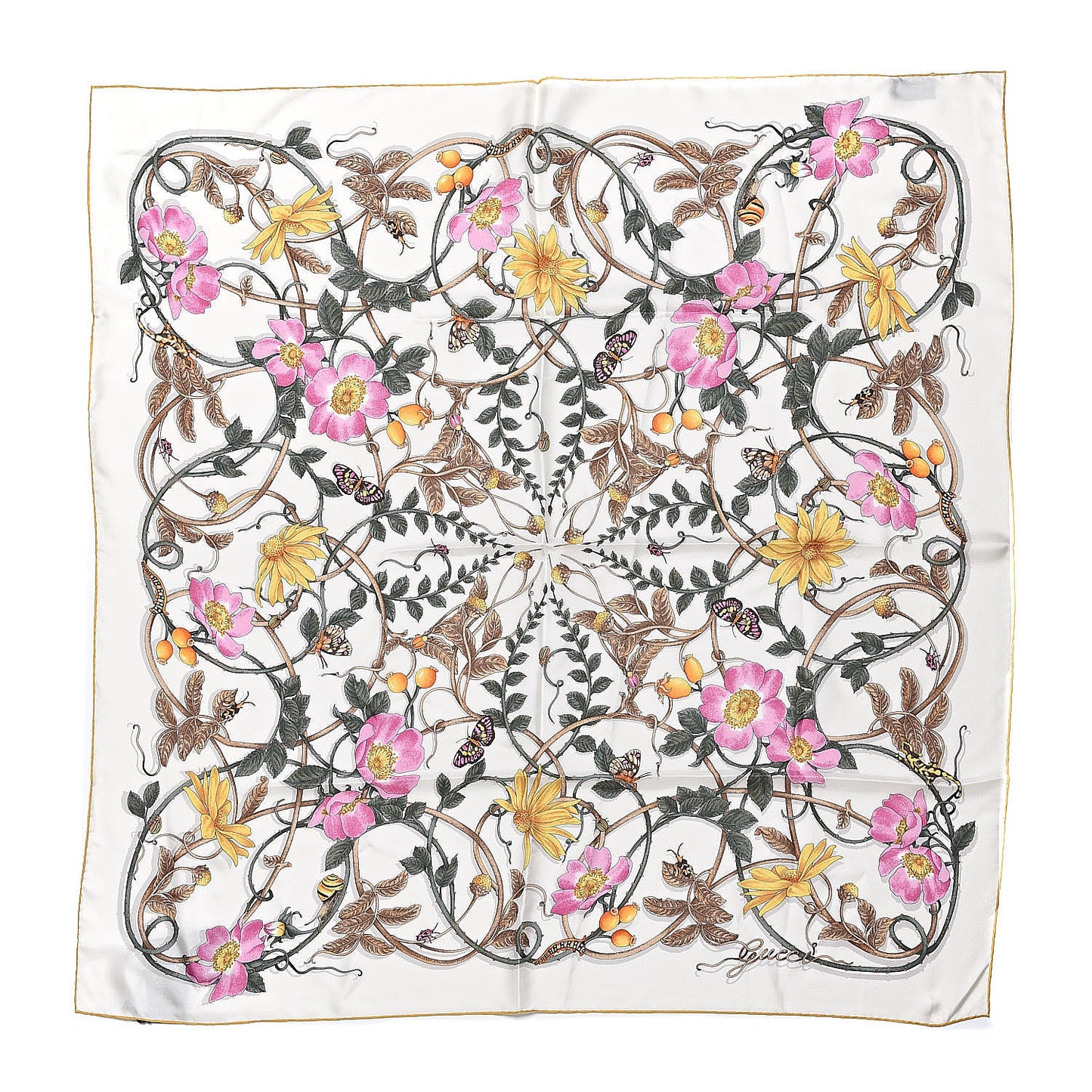 Silk Twill Flowerwebby Square Scarf White