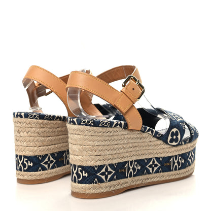 Louis Vuitton Jacquard Calfskin Since 1854 Boundary Wedge Sandals 39 Blue 4 of 8