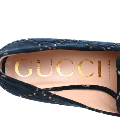 Gucci Velvet GG Monogram Sylvie Web Chain Mid Heel Loafers 37 Blue Beige 5 of 9