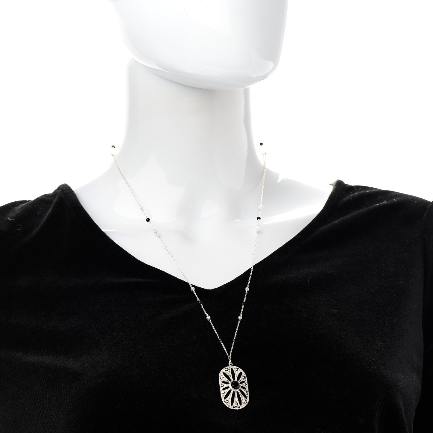 Sterling Silver Black Onyx Pearl Ziegfeld Daisy Pendant Necklace