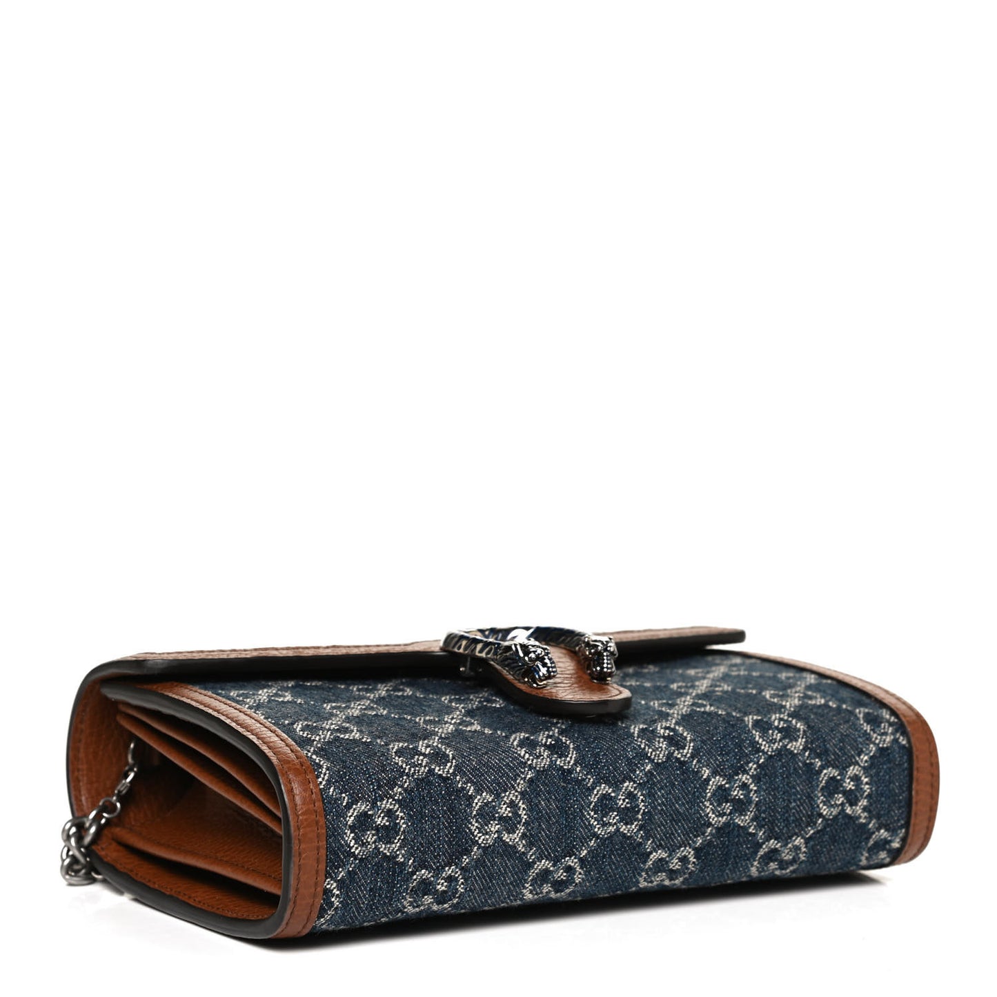 New Denim GG Monogram Dollar Calfskin Enamel Mini Dionysus Chain Wallet Blue Tea Cuir Epilog Electric Blue
