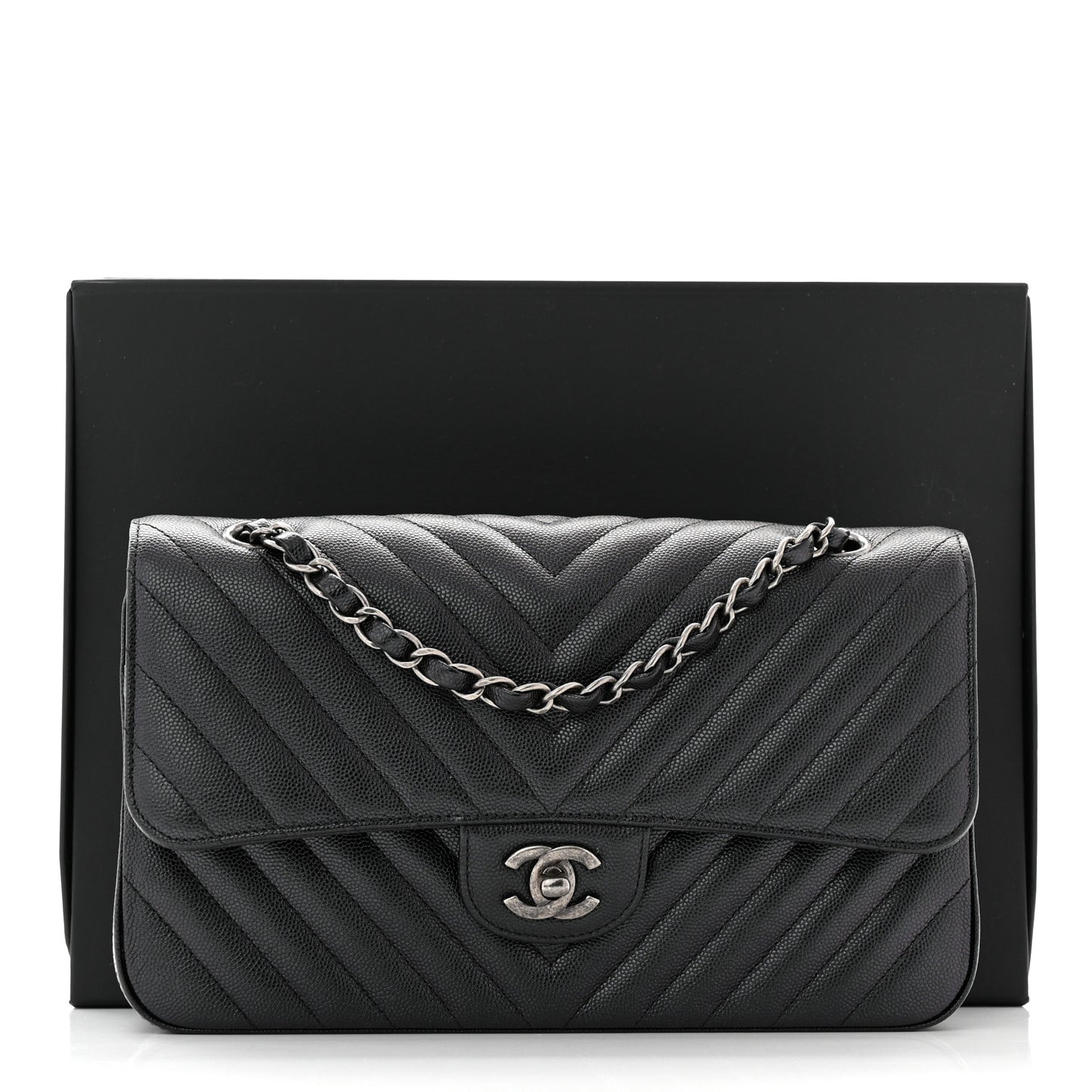 Iridescent Caviar Chevron Quilted Medium Double Flap Black