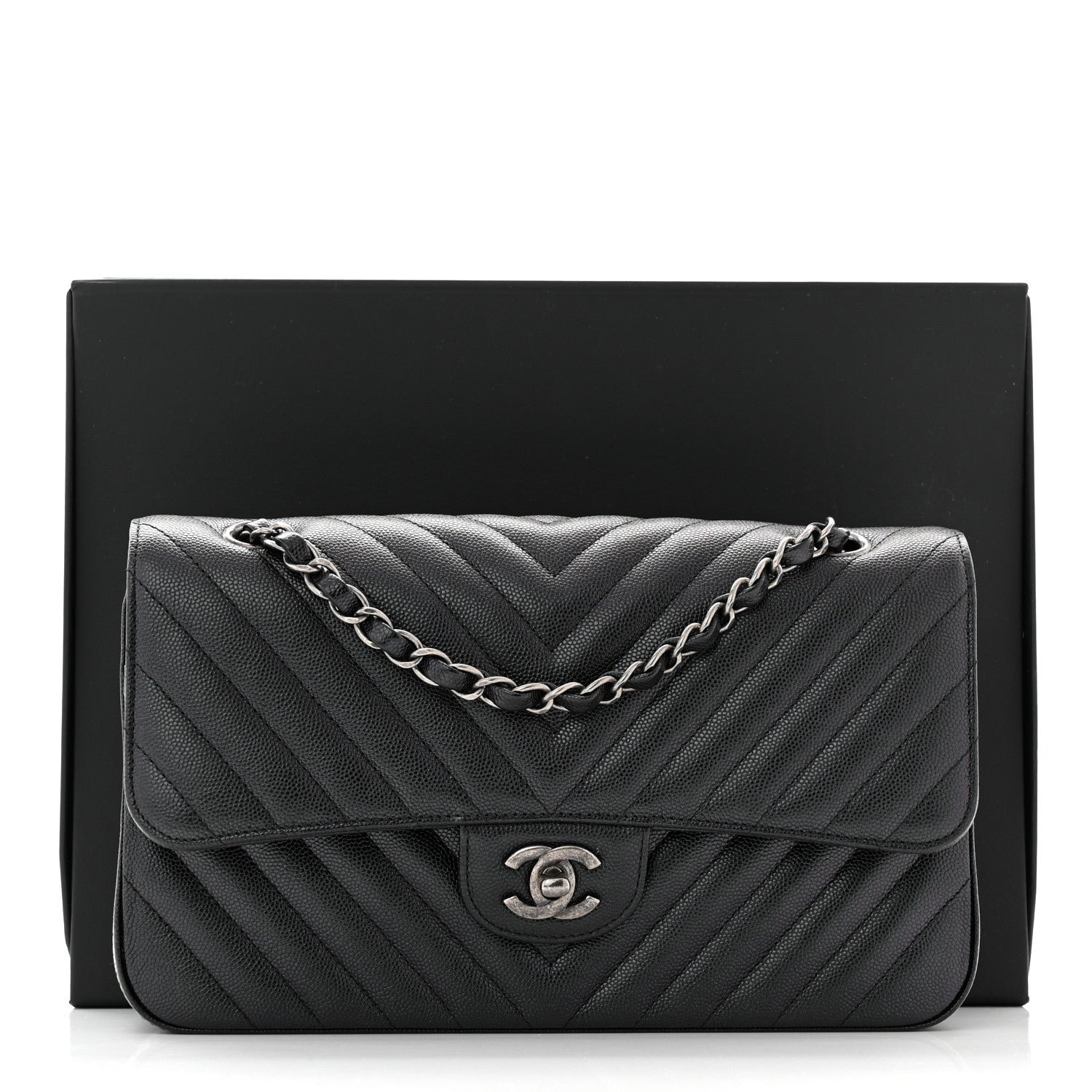 Chanel Iridescent Caviar Chevron Quilted Medium Double Flap Black 11 of 11