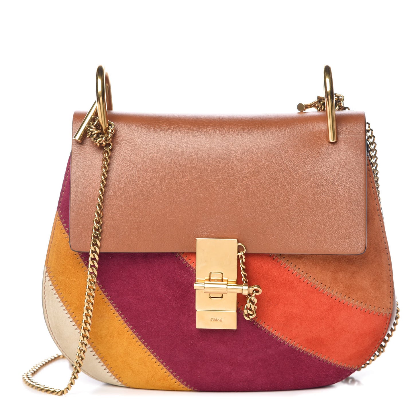 Calfskin Suede Rainbow Patchwork Drew Shoulder Bag Caramel