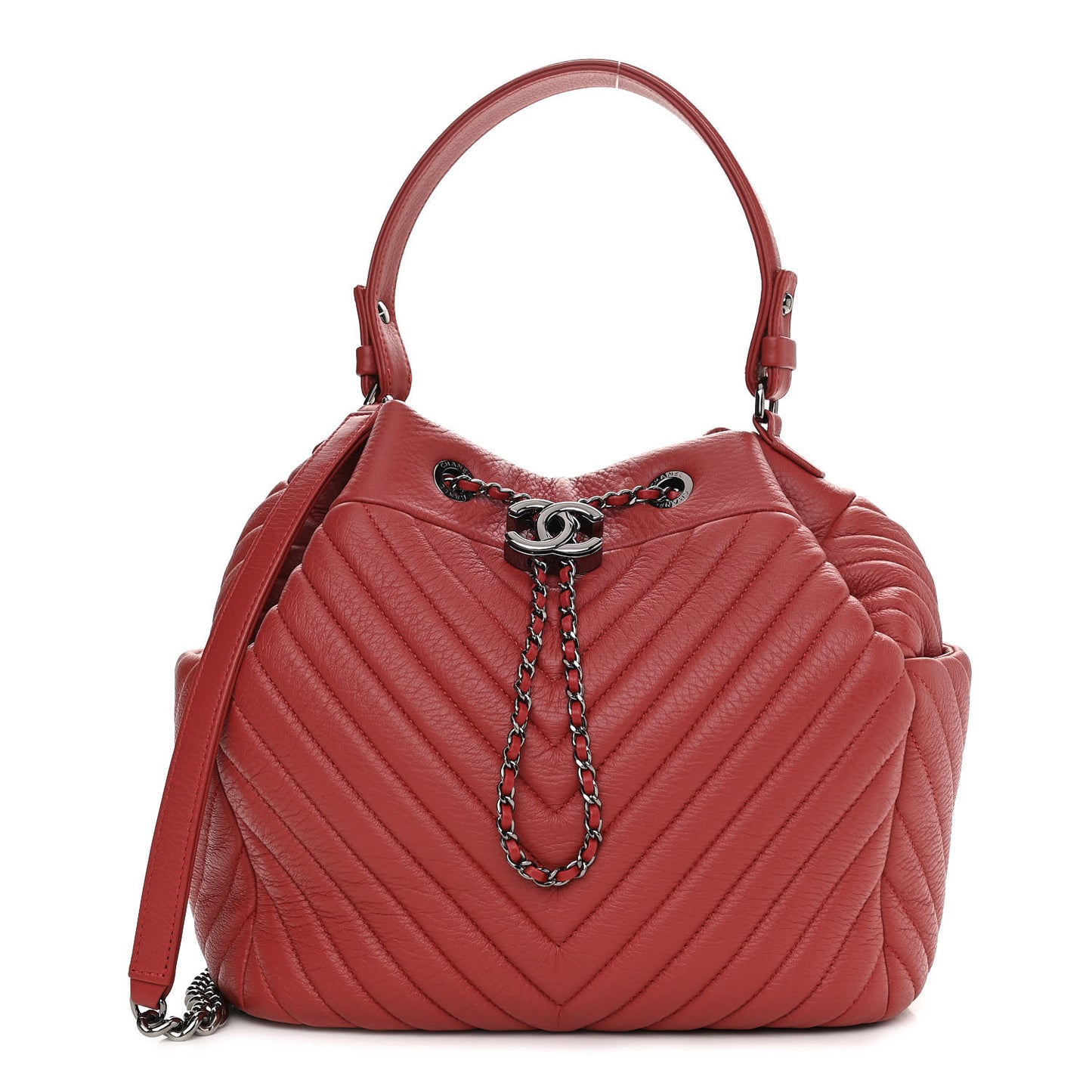 Deerskin Chevron Quilted Medium CC Chain Bucket Drawstring Bag Red