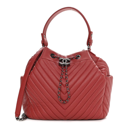Chanel Deerskin Chevron Quilted Medium CC Chain Bucket Drawstring Bag Red 1 of 10
