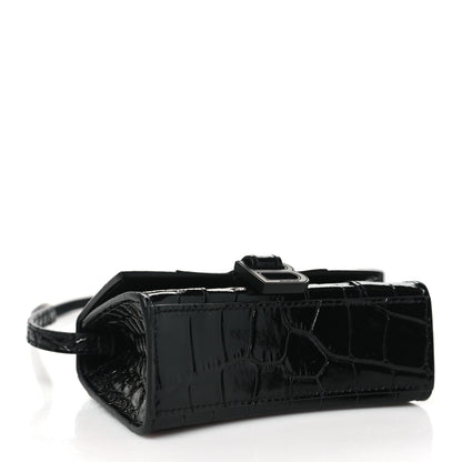Balenciaga Shiny Calfskin Monochrome Crocodile Embossed Hourglass Top Handle Bag Mini Black 4 of 9