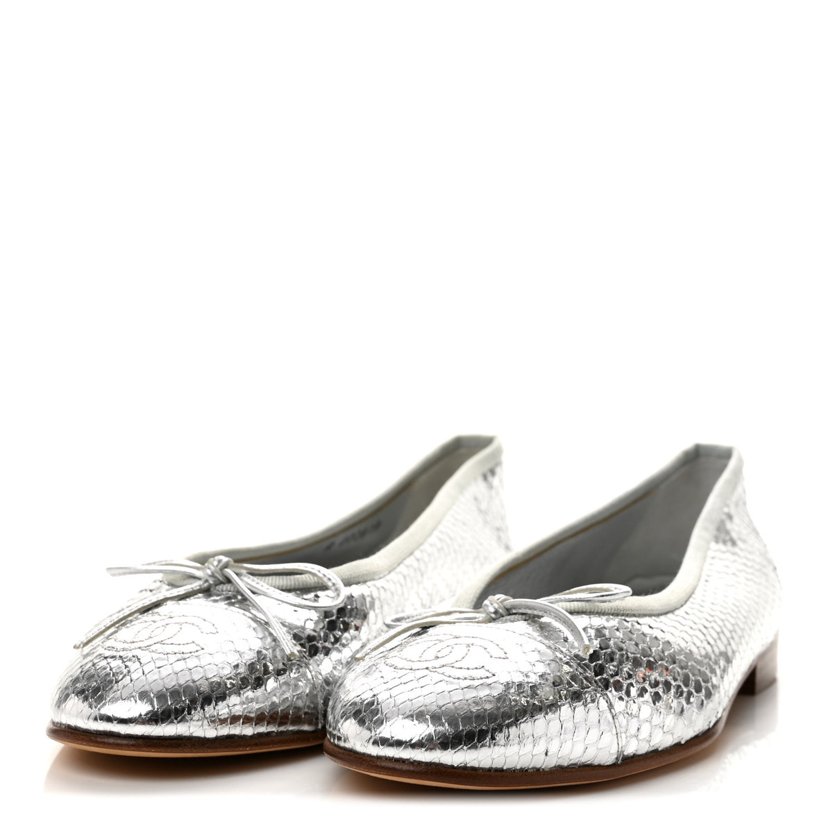 Chanel Metallic Snakeskin Cap Toe CC Ballerina Flats 37.5 Silver 4 of 9