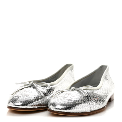 Chanel Metallic Snakeskin Cap Toe CC Ballerina Flats 37.5 Silver 4 of 9