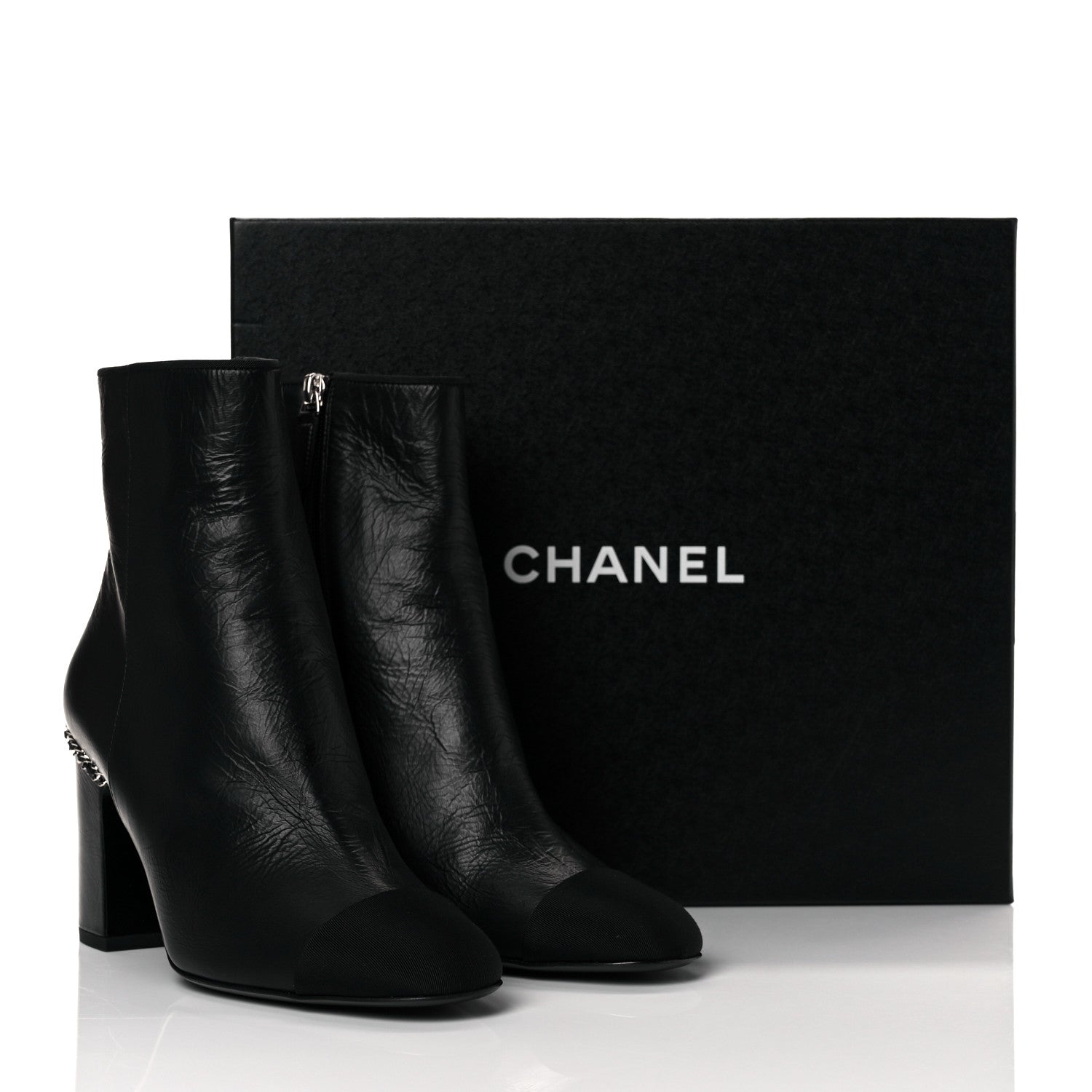 Chanel Crumpled Calfskin Cap Toe Chain Short Boots 39 Black 28 of 30